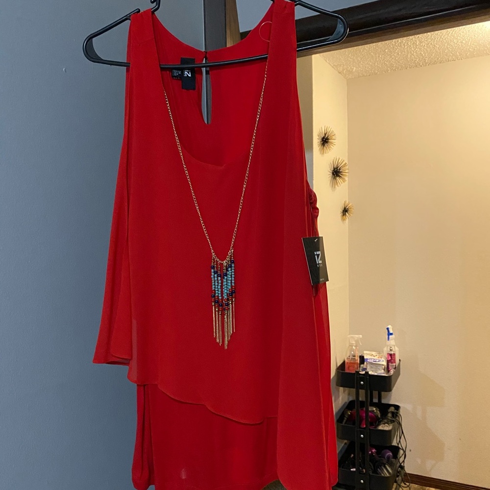 Red dressy tank with attached necklace